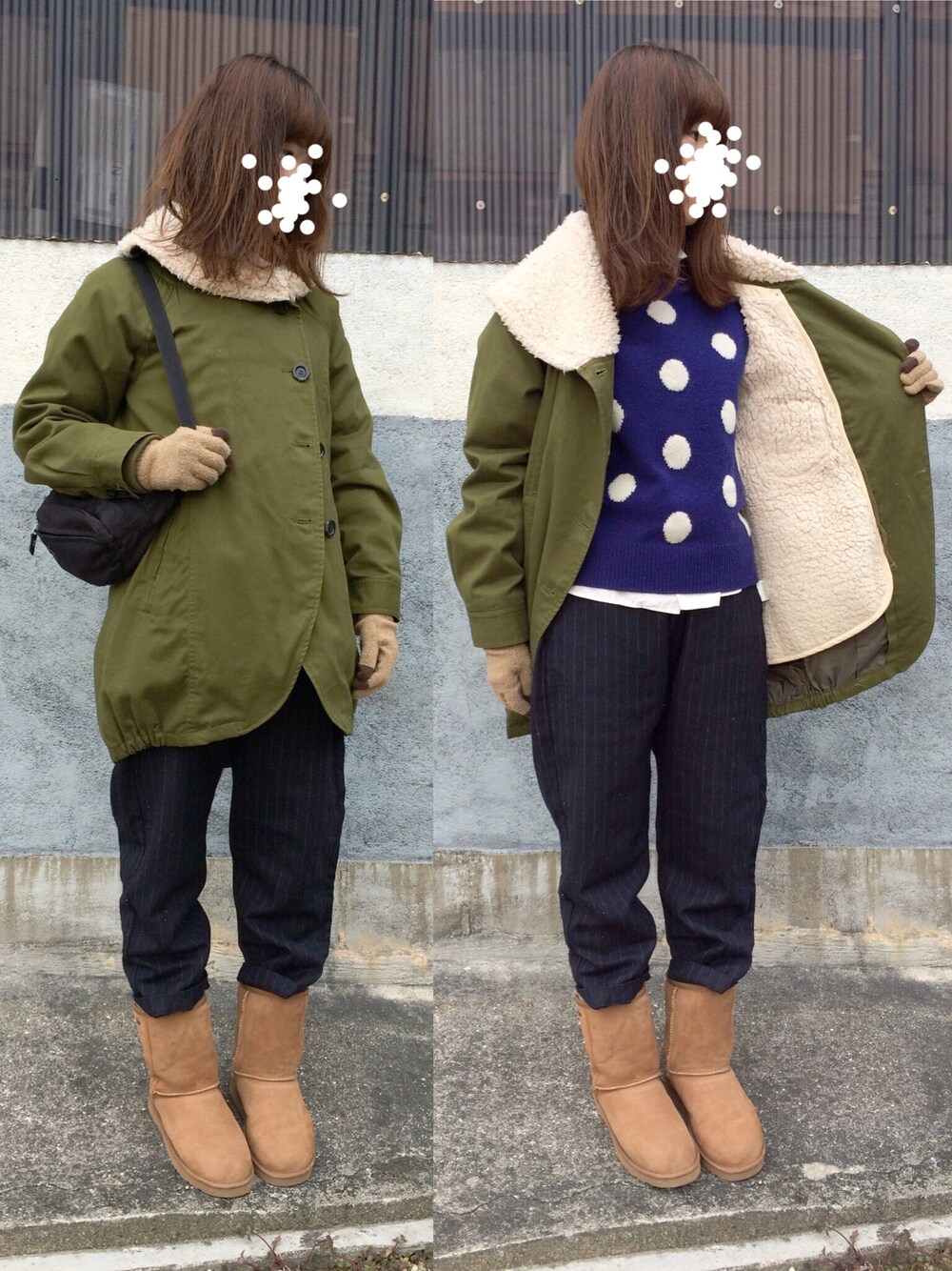 ブルー系のニット/セーター、ホワイト系のシャツ/ブラウス、グリーン系のジャケット/アウターを着用したレディースの冬コーディネートの1枚目の写真