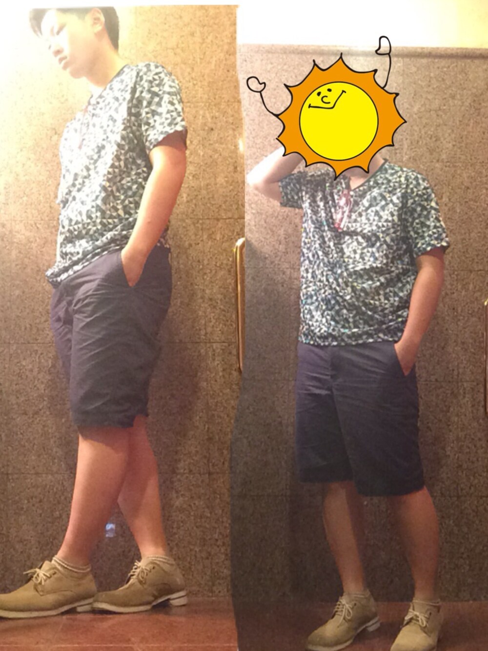「ハーフパンツ、ショルダー」｜「GUのショルダードロップ（Tシャツ/カットソー、ブルー系）」を使った、yu_sukeさん（メンズ・172cm）の夏コーディネートの1枚目の写真