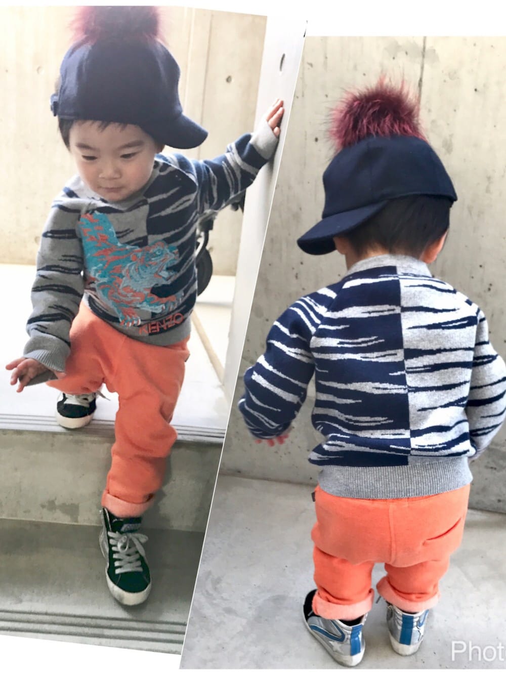 「息子、男の子、KENZO、2歳、ヤンチャ、一切静止してくれない、CAP、ポンポン帽子、GOLDEN GOOSE、sneakers」｜「FENDIのアイテム（キャップ、ブルー系）」を使った、A.Y.Hさん（キッズ・74cm）の冬コーディネートの1枚目の写真
