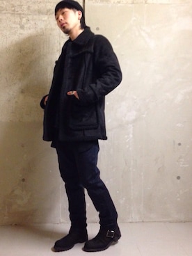 「HIBECK（ハイベック）のアイテム（ムートンコート）」を使った、nobuさん（メンズ・170cm）の冬コーディネート