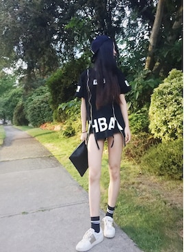 「HBA（フードバイエアー）のアイテム（その他トップス、ブラック系）」を使った、JOJOさん（レディース・170cm）の夏コーディネート