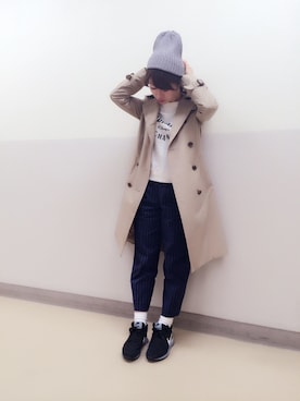 「ニットキャップ」｜「アイテム（トレンチコート）」を使った、pixyon*さん（レディース・152cm）の春コーディネート