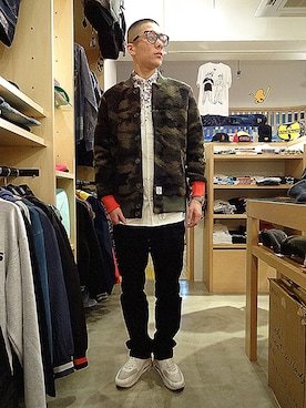 「APPLEBUM」｜「アイテム（スタジャン）」を使った、ブラックストアさん（メンズ・176cm）の秋コーディネート