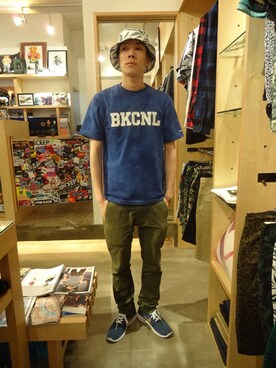 「Back Channel（バックチャンネル）のアイテム（ハット）」を使った、ブラックストアさん（メンズ・170cm）の夏コーディネート