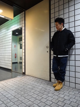 「APPLEBUM」｜「アイテム（スタジャン）」を使った、ブラックストアさん（メンズ・162cm）の秋コーディネート
