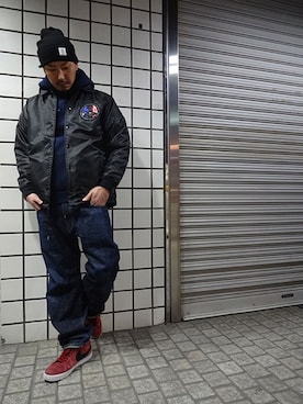 「APPLEBUM」｜「アイテム（ナイロンジャケット）」を使った、ブラックストアさん（メンズ・178cm）の冬コーディネート