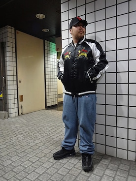 「 キャップ」｜「アイテム（ナイロンジャケット）」を使った、ブラックストアさん（メンズ・167cm）の春コーディネート