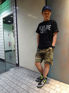 「cassettepunch.（カセットパンチ）のアイテム（キャップ）」を使った、ブラックストアさん（メンズ・162cm）の夏コーディネート