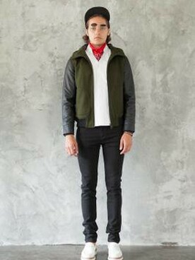 「DETAILS（ディテールズ）のアイテム（スタジャン）」を使った、にっしーさん（メンズ・178cm）の秋コーディネート