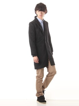 「DETAILS（ディテールズ）のアイテム（ステンカラーコート）」を使った、にっしーさん（メンズ・175cm）の冬コーディネート