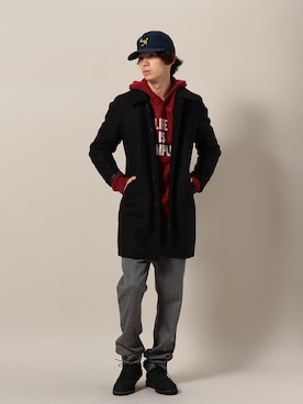 「DETAILS（ディテールズ）のアイテム（ステンカラーコート）」を使った、にっしーさん（メンズ・175cm）の秋コーディネート