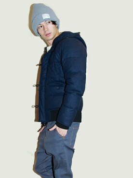 「DETAILS（ディテールズ）のアイテム（ニットキャップ/ビーニー）」を使った、にっしーさん（メンズ・175cm）の冬コーディネート