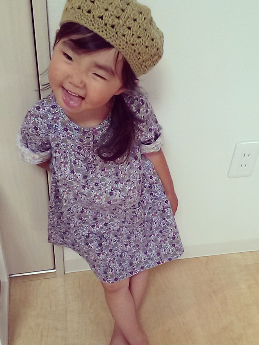 「ワンピース#２歳#小花柄#ハンドメイド#どんぐり帽」｜「PETIT BATEAUのアイテム（ワンピース/ドレス、パープル系）」を使った、CoCoooO   さん（キッズ・90cm）の夏コーディネートの1枚目の写真