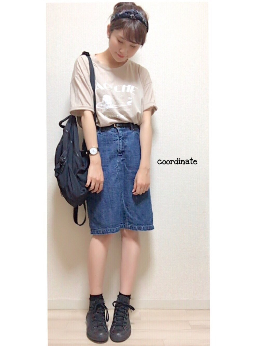 「休日スタイル、ラフ、summer、outfit、プチプラ、デニムスカート、スニーカー、ポニーテール、リュック、スポーツミックス」｜「BEAUTY&YOUTH UNITED ARROWSのアイテム（デニムスカート、ブルー系）」を使った、m a m iさん（レディース・162cm）の夏コーディネートの1枚目の写真