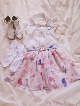 「merry jenny（メリージェニー）のアイテム（スカート、ピンク系）」を使った、momokaさん（レディース・148cm）の春コーディネート