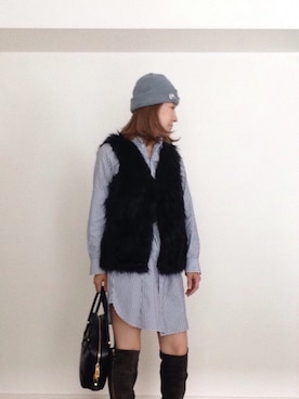 「ファー」｜「アイテム（チュニック）」を使った、GINAさん（レディース・158cm）の秋コーディネート