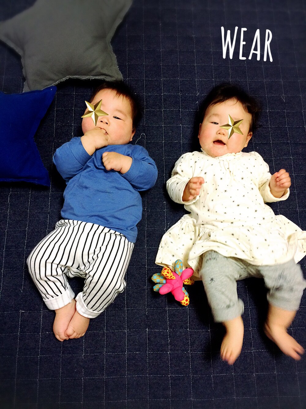「双子コーデ、男女双子、いないいないばぁっ、男の子、女の子、０歳、babygap、ユニクロ、無印良品」｜「無印良品のアイテム（Tシャツ/カットソー、ブルー系）」を使った、ニャンまるさん（キッズ・70cm）の春コーディネートの1枚目の写真