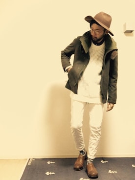 「GLOBAL WORK（グローバルワーク）のフェルトロングブリムハット/705078（ハット）」を使った、オオヒラさん（メンズ・170cm）の秋コーディネート