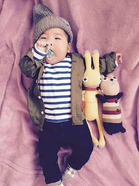 「RAD CUSTOM（ラッドカスタム）のアイテム（帽子）」を使った、P×Kさん（キッズ・70cm）の冬コーディネート