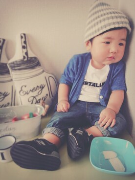 「e.a.B（エーアーベー）のアイテム（帽子）」を使った、P×Kさん（キッズ・70cm）の夏コーディネート