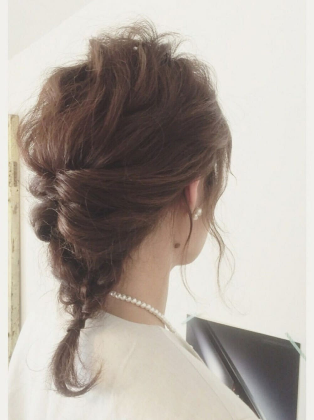 「ヘアアレンジ、三つ編み、クルリンパ、結婚式、結婚式二次会スタイル、ブライダル、パーティースタイル、簡単ヘアアレンジ」｜「くるりんぱアレンジのアイテム（ヘアアクセサリー、ブラウン系）」を使った、YUKO KAWANOさん（レディース・155cm）の夏コーディネートの1枚目の写真