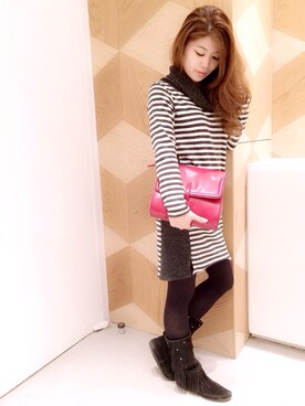 「RAY CASSIN（レイカズン）のボーダーボイルネックOP
NO.150618290
COL.21（ワンピース、ホワイト系）」を使った、CHINATSUさん（レディース・163cm）の冬コーディネート