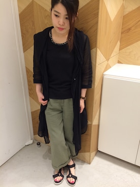 「RAY CASSIN（レイカズン）のフード付きシアーロング丈シャツ（ジャケット/アウター、ブラック系）」を使った、CHINATSUさん（レディース・163cm）の春コーディネート