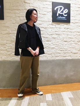 「relume」｜「アイテム（ライダースジャケット）」を使った、relume 博多店 スタッフAさん（レディース・162cm）の冬コーディネート
