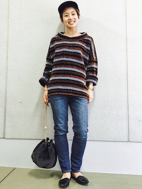 「FLAGSTUFF（フラグスタフ）のアイテム（ニット/セーター、ブラウン系）」を使った、Miyu Iwasakiさん（レディース・160cm）の秋コーディネート