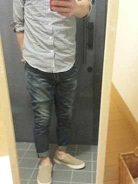 「NANO universe（ナノユニバース）のTMT別注 ユニセックスカラースリッポン（スニーカー）」を使った、クリフジさん（メンズ・163cm）の秋コーディネート