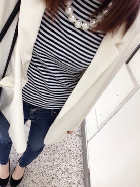 「Heather（ヘザー）のオフショルカットソー半袖　544597（Tシャツ/カットソー、ホワイト系）」を使った、こじりさん（レディース・165cm）の春コーディネート