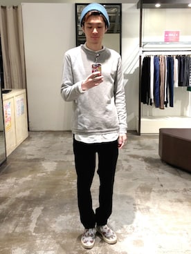 「ノーカラーシャツ」｜「アイテム（スウェット）」を使った、ucさん（メンズ・174cm）の冬コーディネート