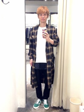 「アイテム（ノーカラージャケット、イエロー系）」を使った、ucさん（メンズ・174cm）の秋コーディネート