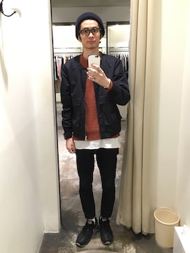 「黒縁メガネ」｜「アイテム（ノーカラージャケット）」を使った、ucさん（メンズ・174cm）の冬コーディネート