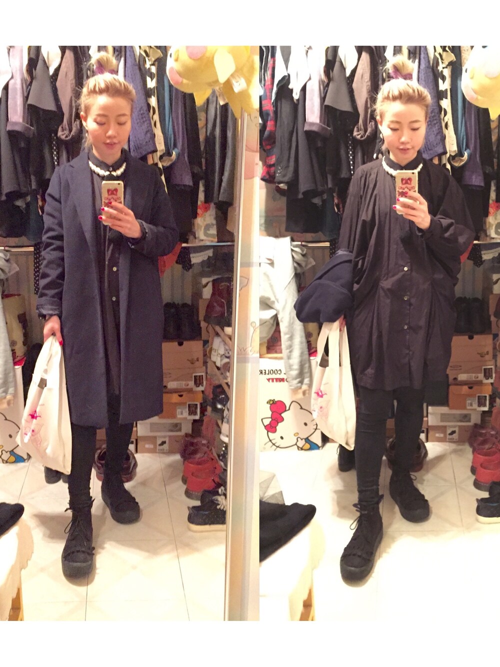 「Q-TA、Tokyo bopper、w closet、blue、long coat、I am I、COMME des GARÇONS、jouetie」｜「w closetのアイテム（ピーコート、ブルー系）」を使った、elppaKさん（レディース・161cm）の冬コーディネートの1枚目の写真