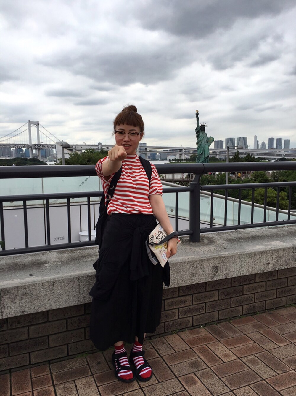 「Dot＆Stripes CHILD　WOMAN、adidas、adidas originals、teva、夏、holiday」｜「Dot＆Stripes CHILD WOMANの度詰めフライス　ボーダードロップパフスリーブ（Tシャツ/カットソー、ホワイト系）」を使った、elppaKさん（レディース・161cm）の夏コーディネートの1枚目の写真