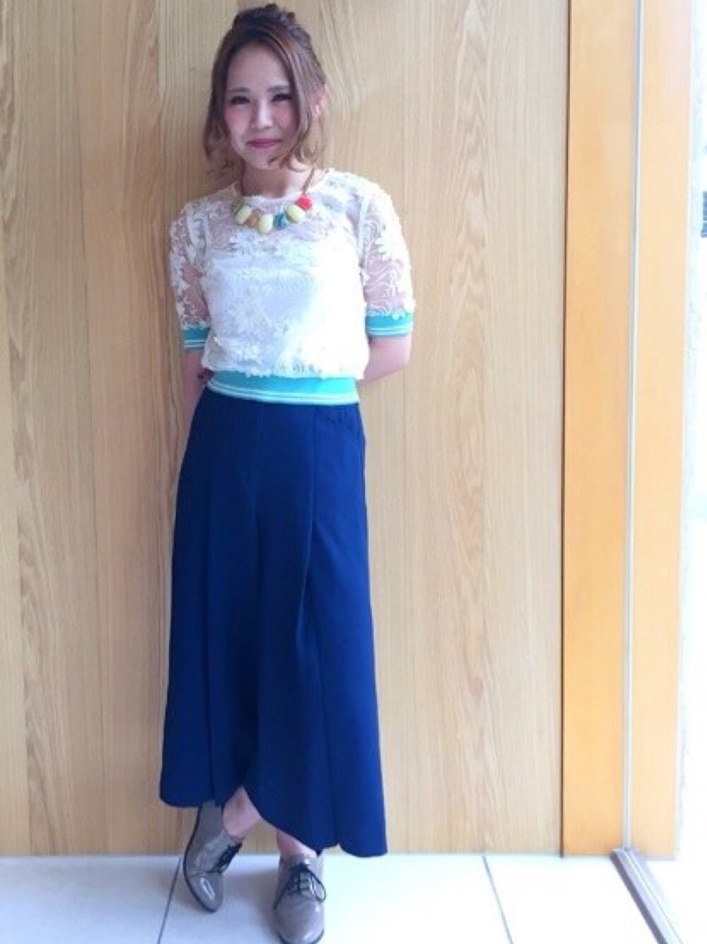 「リリーブラウン、レース、ガウチョパンツ」｜「LILY BROWNのアイテム（シャツ/ブラウス、ホワイト系）」を使った、ayakoさん（レディース・155cm）の夏コーディネートの1枚目の写真