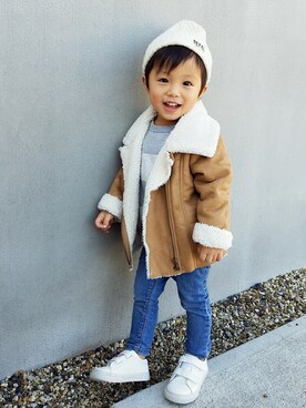 「OLD NAVY（オールドネイビー）のアイテム（ムートンコート）」を使った、アキラさん（キッズ・80cm）の冬コーディネート