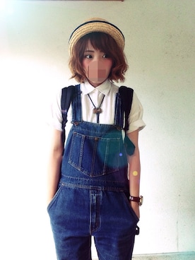 「半袖シャツ」｜「アイテム（つなぎ/オールインワン）」を使った、1299(アカリ)さん（レディース・152cm）の夏コーディネート