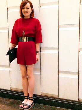 「アイテム（チュニック、レッド系）」を使った、JessieWong小朋友さん（レディース・155cm）の冬コーディネート