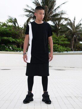 「HOLLYWOOD HEARTBREAKERのContrast Long Length Tee /Black（その他、ブラック系）」を使った、HOLLYWOODHEARTBREAKERさん（メンズ・180cm）の夏コーディネート