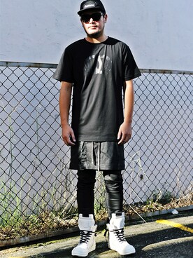 「HOLLYWOOD HEARTBREAKERのHOLLYWOOD HEARTBREAKER DOUBLE FXXK TEE /BLACK ON BLACK（Tシャツ/カットソー、ブラック系）」を使った、HOLLYWOODHEARTBREAKERさん（メンズ・180cm）の夏コーディネート