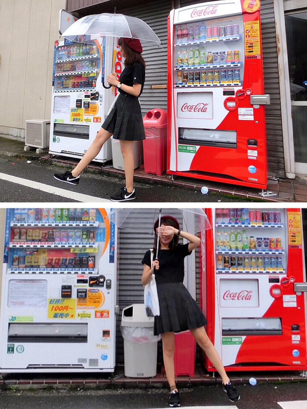 「秋コーデ、大阪、近畿大学、スニーカー、秋、黒、ベレー帽、雨、さむい、Champion」｜「Springのアイテム（ハンチング/ベレー帽、レッド系）」を使った、つきさん（レディース・162cm）の秋コーディネートの1枚目の写真