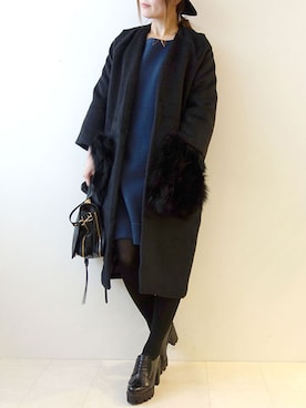 「ファーコート」｜「アイテム（ノーカラージャケット）」を使った、レーヴルさん（レディース・160cm）の冬コーディネート
