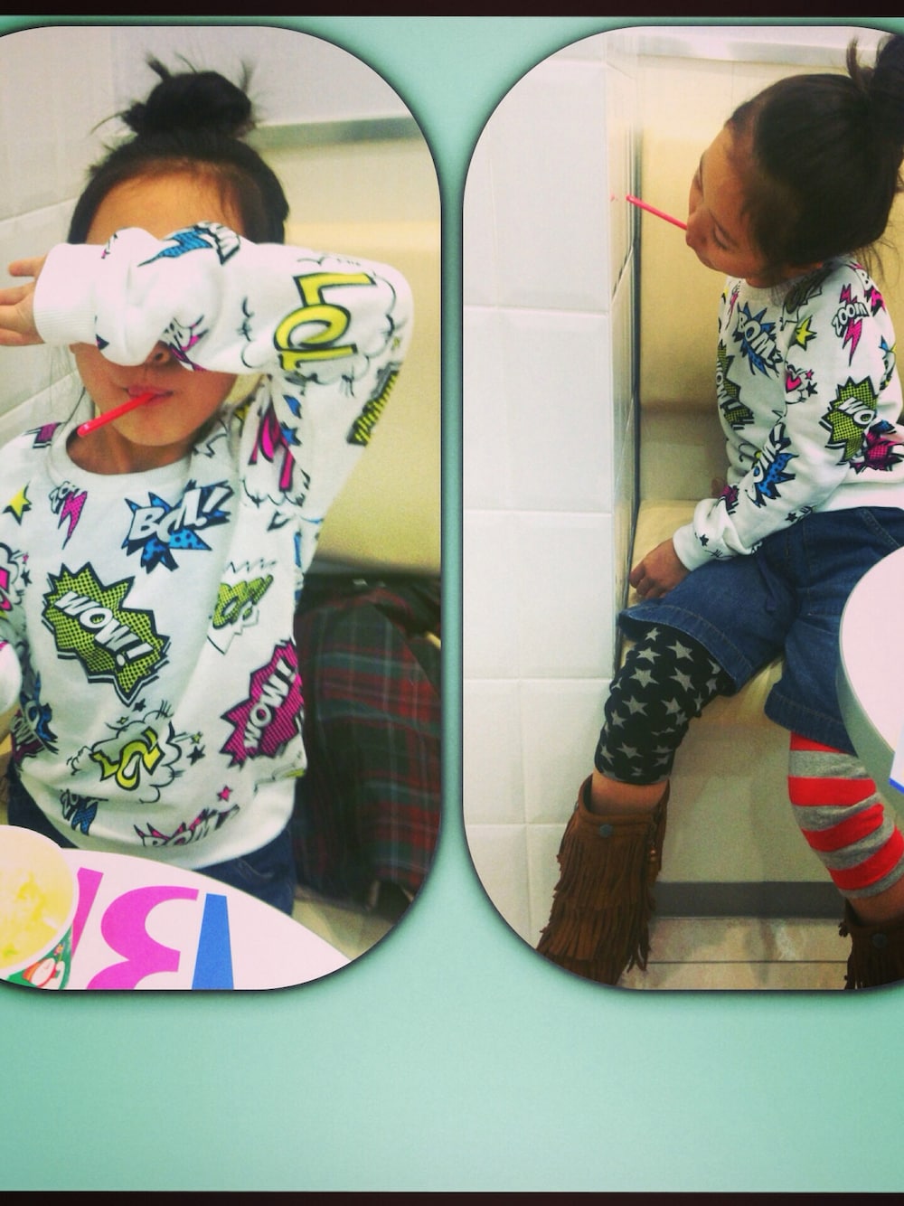 「kids、日曜日、娘」｜「FOREVER 21のスウェット（スウェット、ホワイト系）」を使った、woojaさん（キッズ・124cm）の冬コーディネートの1枚目の写真