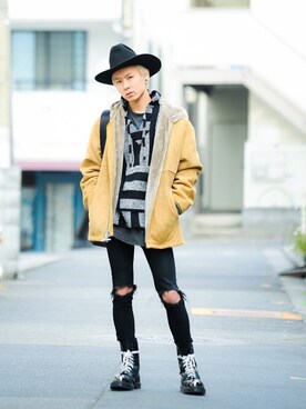 「Dr. Martens（ドクターマーチン）のアイテム（ブーツ、ブラック系）」を使った、Haruka Hatakeyamaさん（メンズ・175cm）の冬コーディネート