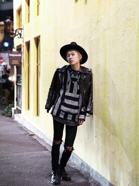 「blackmeansのアイテム（ライダースジャケット、ブラック系）」を使った、Haruka Hatakeyamaさん（メンズ・175cm）の冬コーディネート