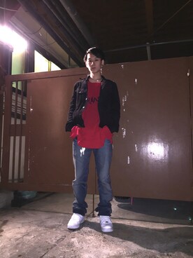 「NAKIDのアイテム（デニムジャケット、ブラック系）」を使った、Haruka Hatakeyamaさん（メンズ・175cm）の春コーディネート