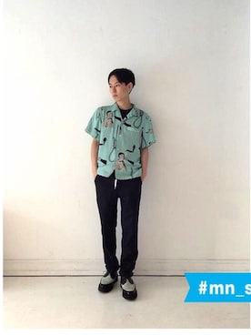 「LABRAT（ラブラット）のアイテム（スラックス、ブルー系）」を使った、Haruka Hatakeyamaさん（メンズ・175cm）の夏コーディネート