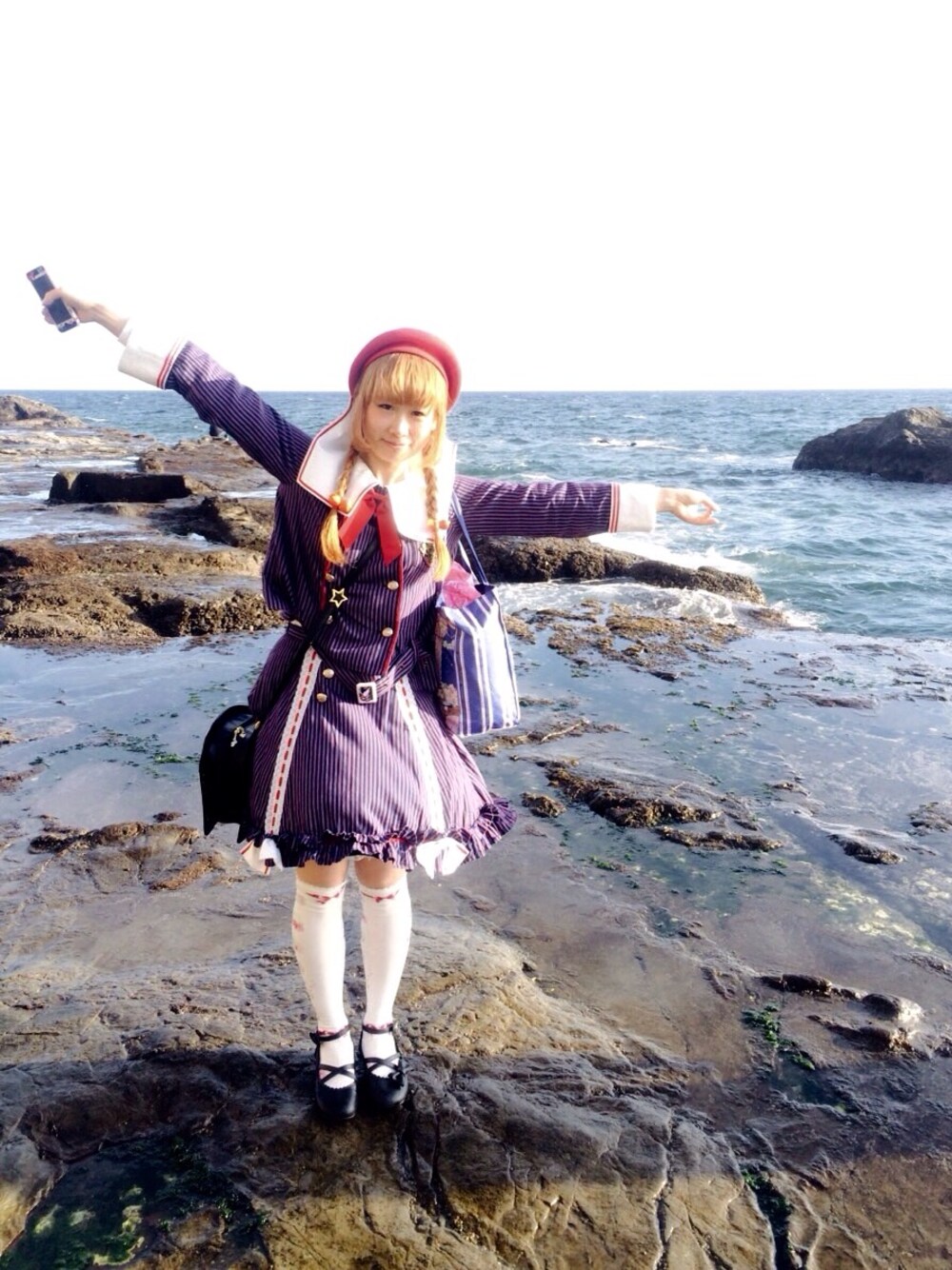 「海、春、レジメンタル、セーラーカラー、三つ編み、金髪、model、harajuku、かわいい、フォロワー募集」｜「ALICE and the PIRATESのアイテム（その他アウター、ブルー系）」を使った、鈴木りぇさん（レディース・156cm）の春コーディネートの1枚目の写真